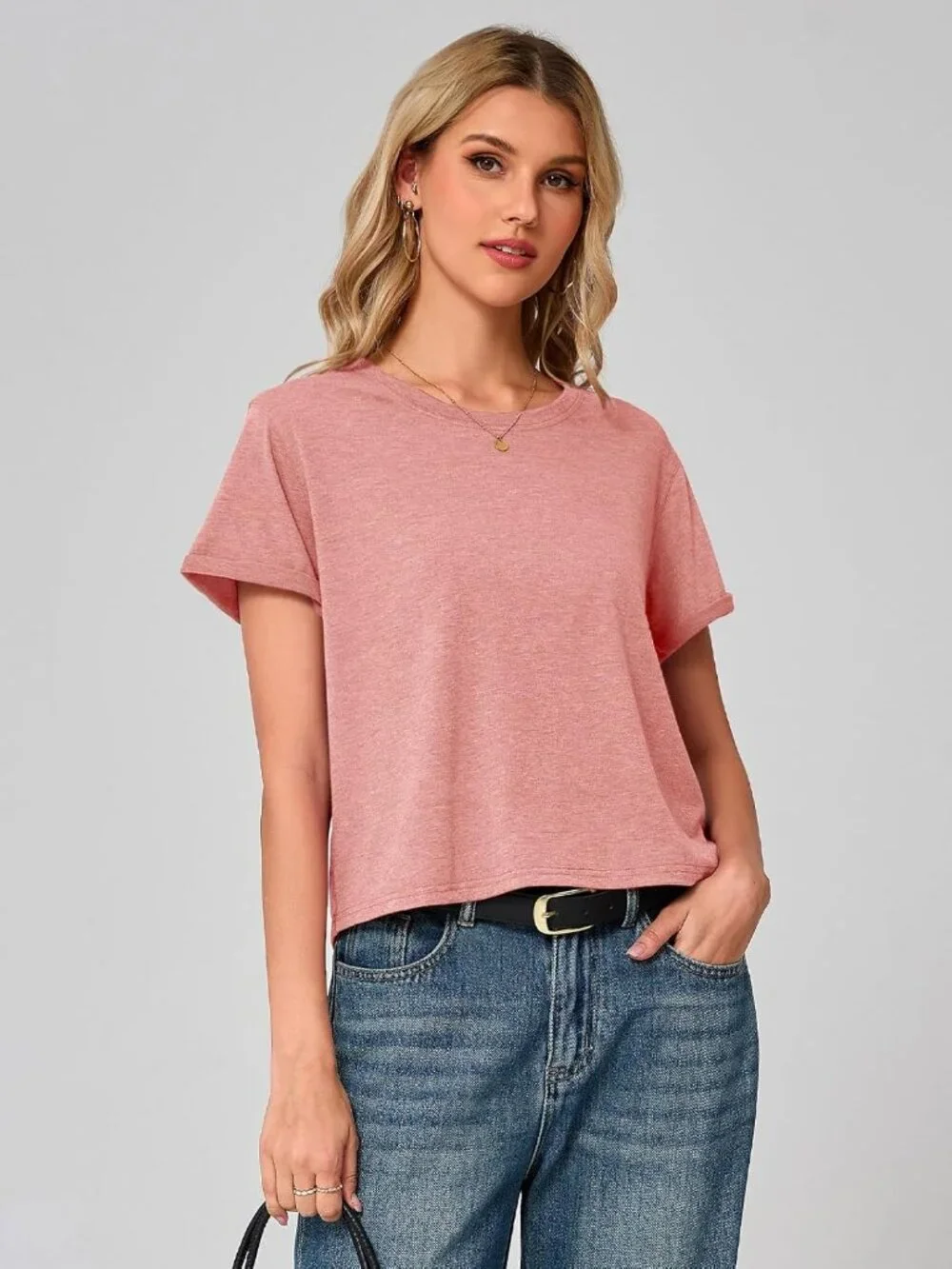 Women's Pink Summer Short Sleeve Crewneck Crop Casual and Flowy Style T Shirt - Picture 2 of 6